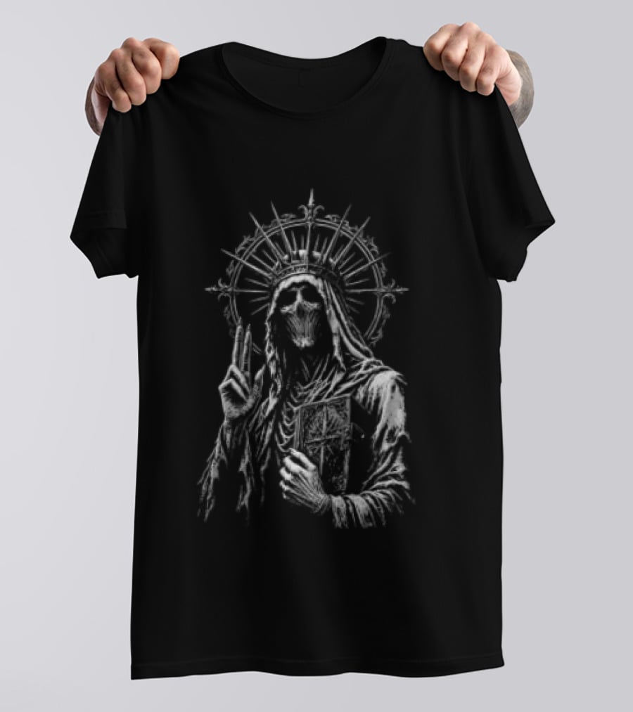 Skeletal Crowned Figure With Radiant Halo Holding Book T-Shirt