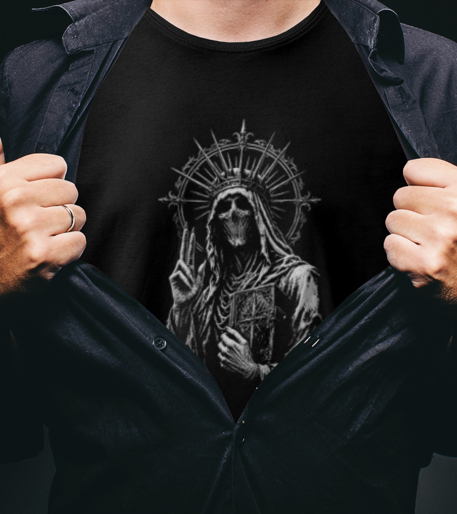Skeletal Crowned Figure With Radiant Halo Holding Book T-Shirt