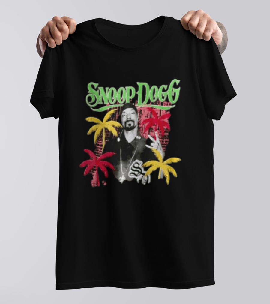 Snoop Dogg Palm Trees Gesture Black And White Portrait With Red And Yellow Palm Trees T-Shirt