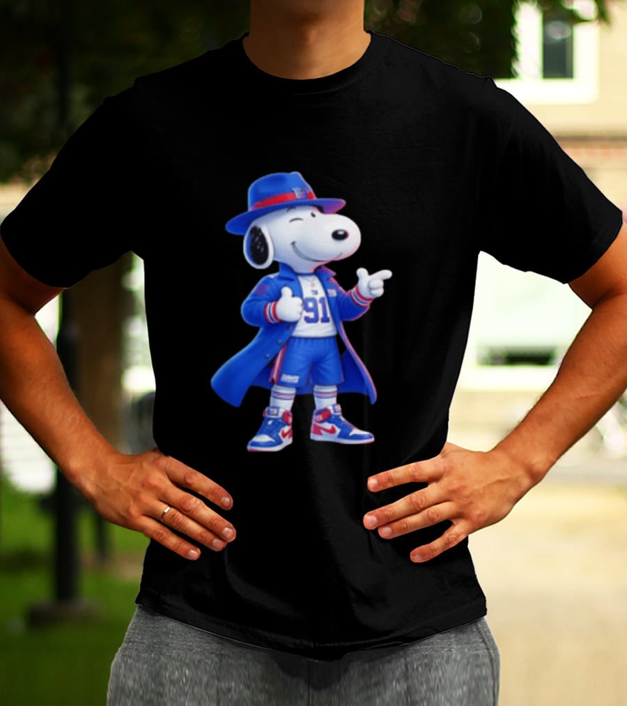 Snoopy New York Giants Football Player Cartoon Blue Coat And Hat T-Shirt