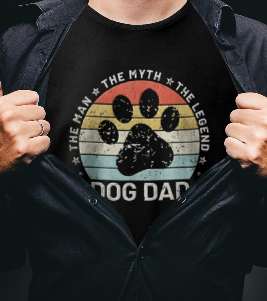 The Man The Myth The Legend Dog Dad Distressed Paw Rainbow Sunset T-Shirt