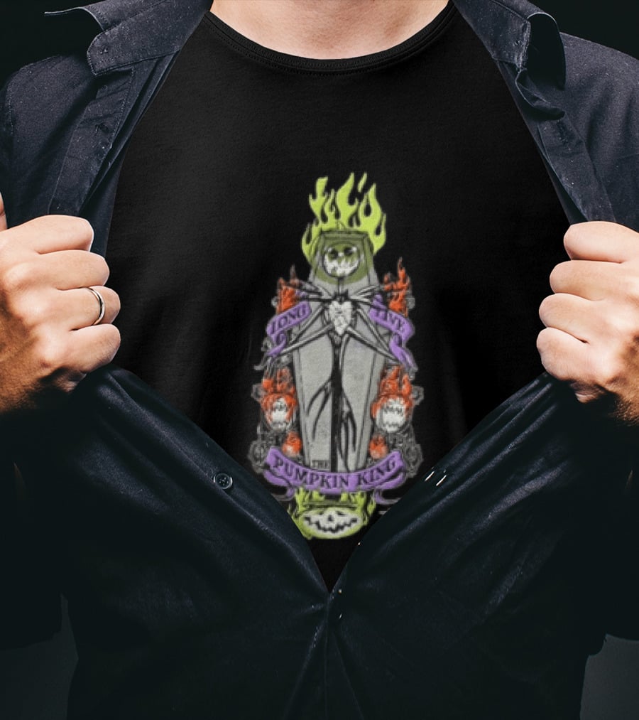The Nightmare Before Christmas Long Live The Pumpkin King Skeleton Coffin Flames Pumpkins T-Shirt