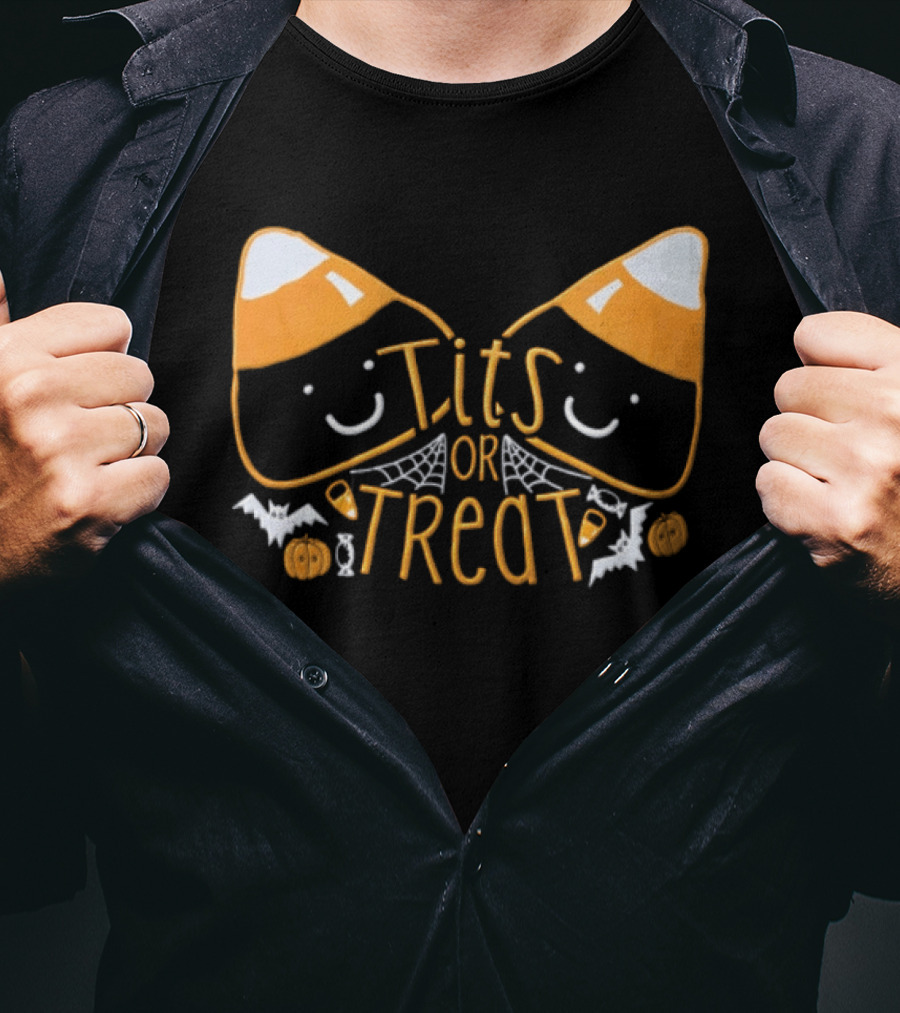 Halloween Candy Corn Faces Tits Or Treat With Spiders Webs Bats Pumpkins T-Shirt