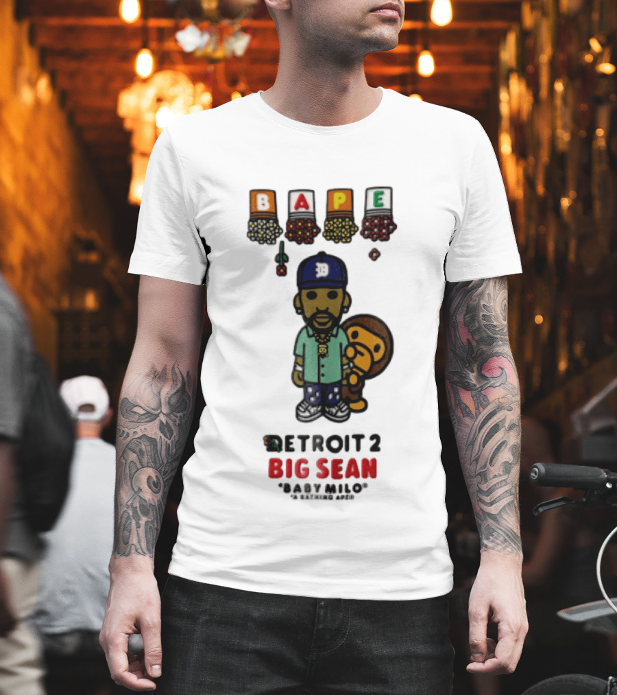 BAPE Big Sean Detroit 2 Baby Milo Cartoon Man Wearing Cap T-Shirt