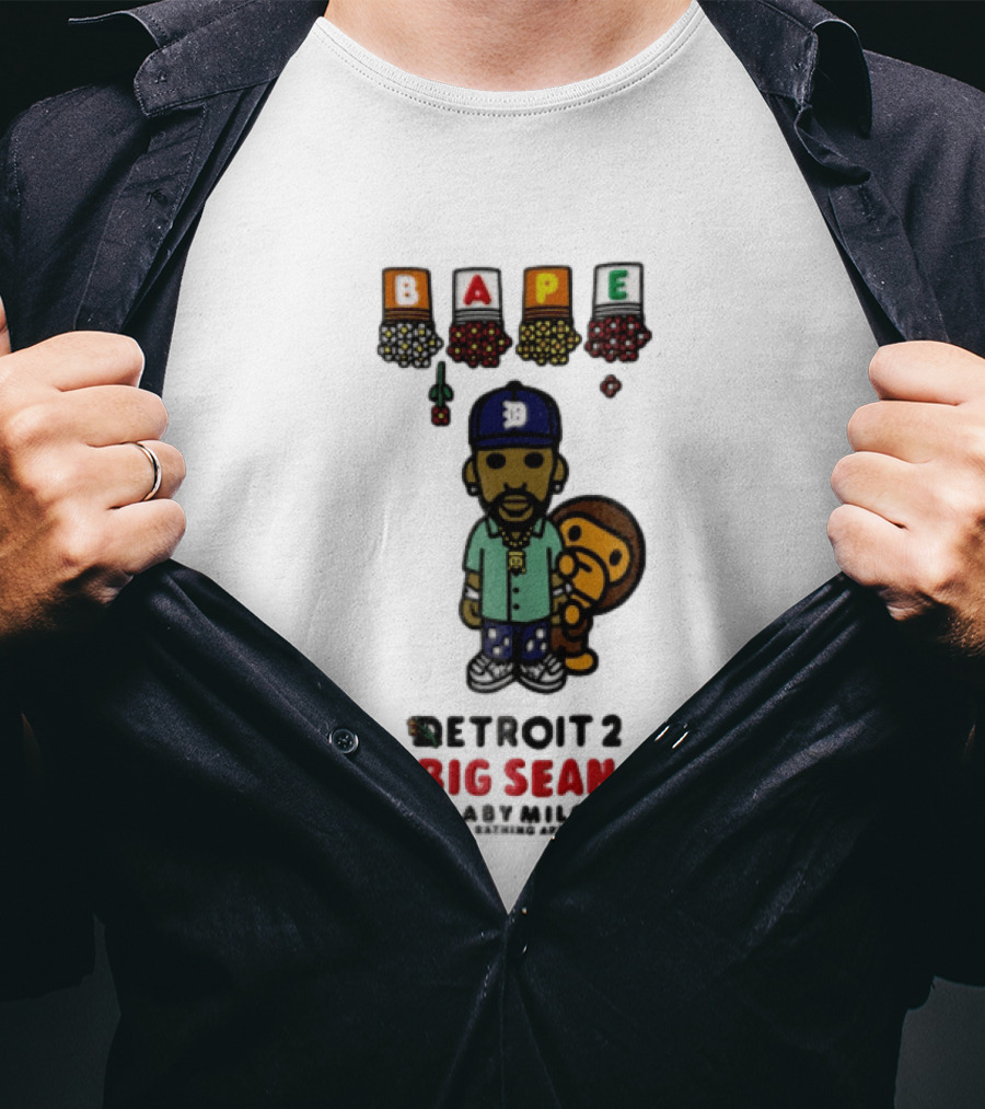 BAPE Big Sean Detroit 2 Baby Milo Cartoon Man Wearing Cap T-Shirt