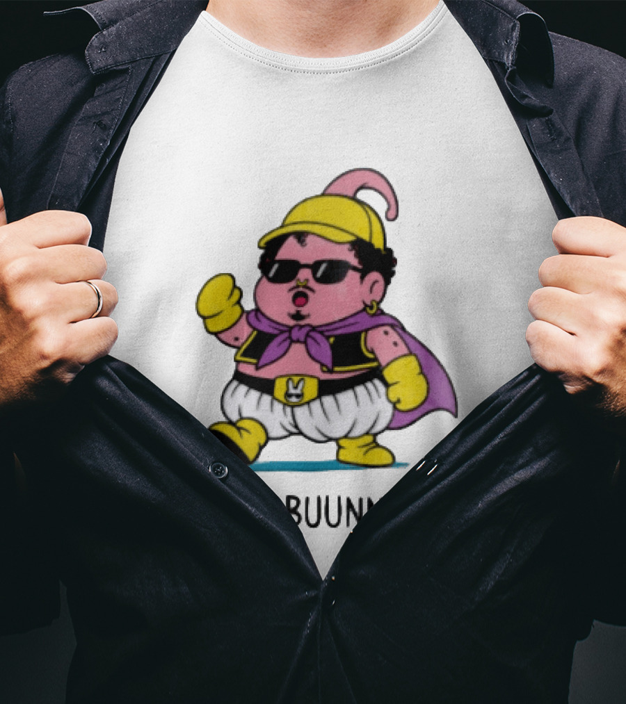Bad Buunny Pink Majin Buu Sunglasses Yellow Hat Cape Cartoon T-Shirt