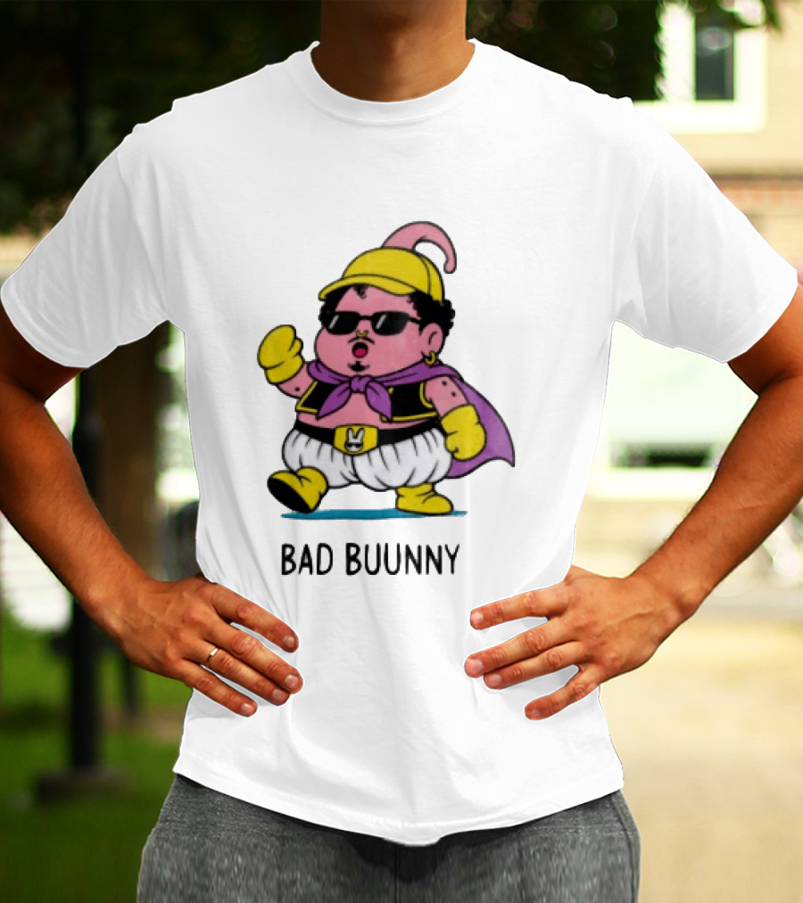 Bad Buunny Pink Majin Buu Sunglasses Yellow Hat Cape Cartoon T-Shirt