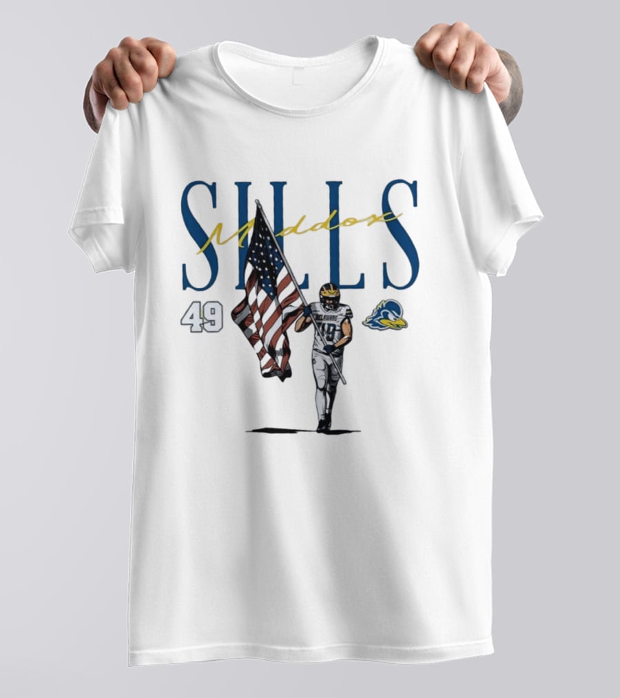 Delaware Blue Hens No 49 Maddox Sills US Flag Caricature T-Shirt