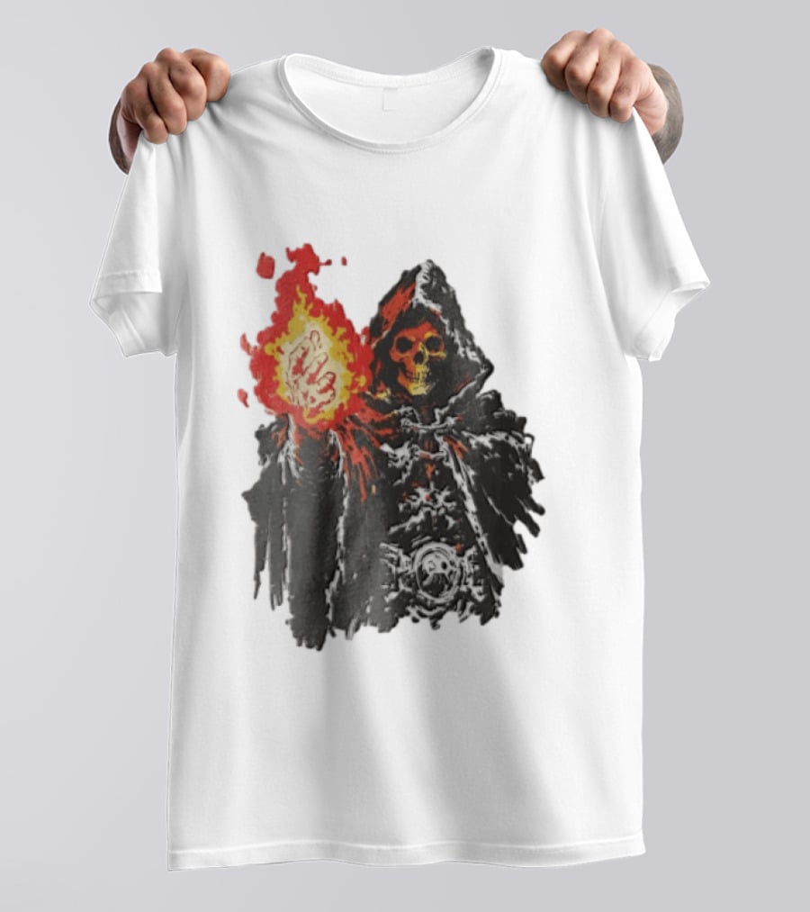 Skeleton Holding Fire Skeletor Hooded Cloak And Fiery Fist T-Shirt