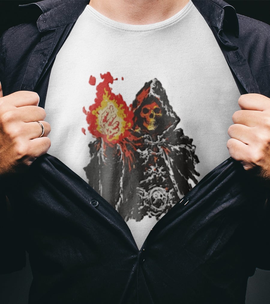 Skeleton Holding Fire Skeletor Hooded Cloak And Fiery Fist T-Shirt