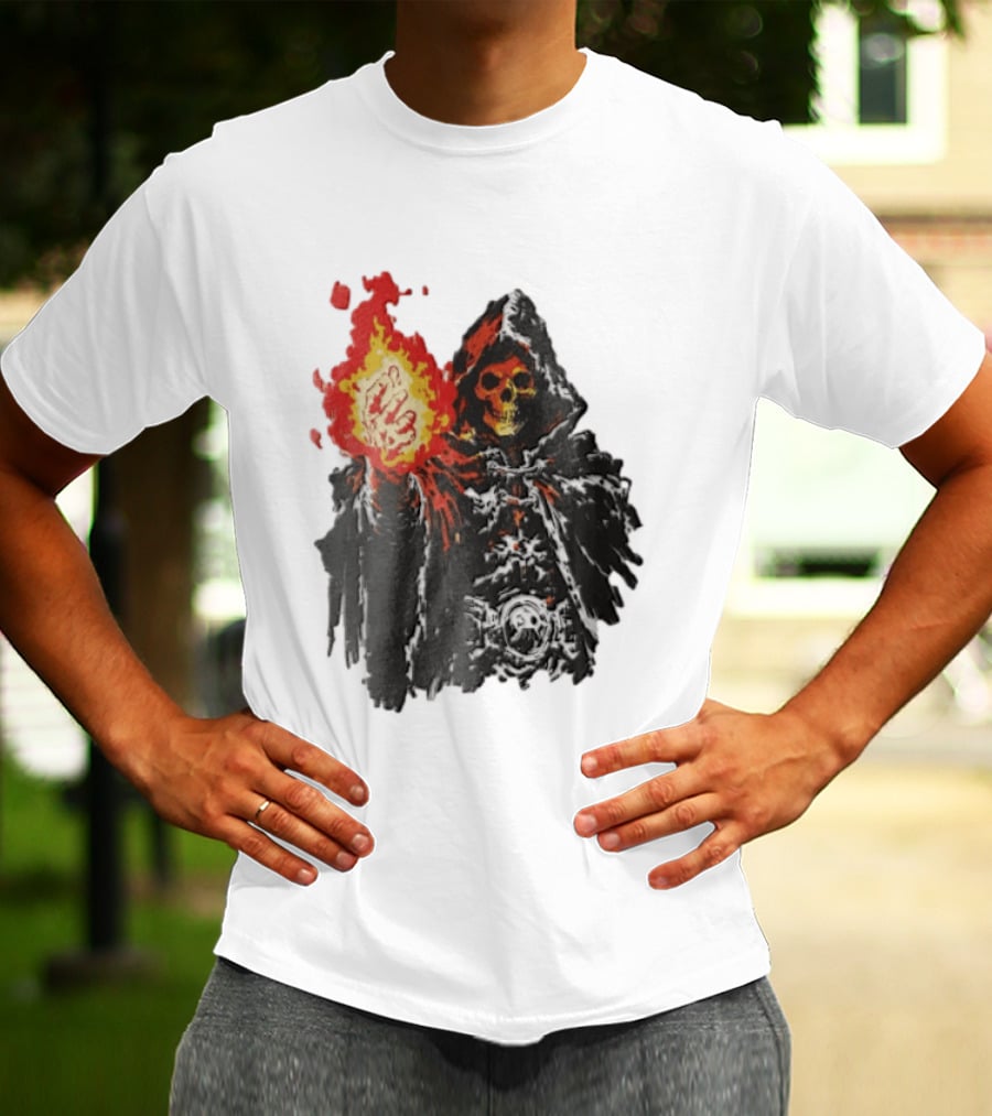 Skeleton Holding Fire Skeletor Hooded Cloak And Fiery Fist T-Shirt
