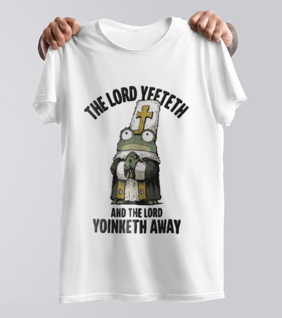 The Lord Yeeteth And The Lord Yoinketh Away Frog In Religious Vestments With Mitre Praying T-Shirt