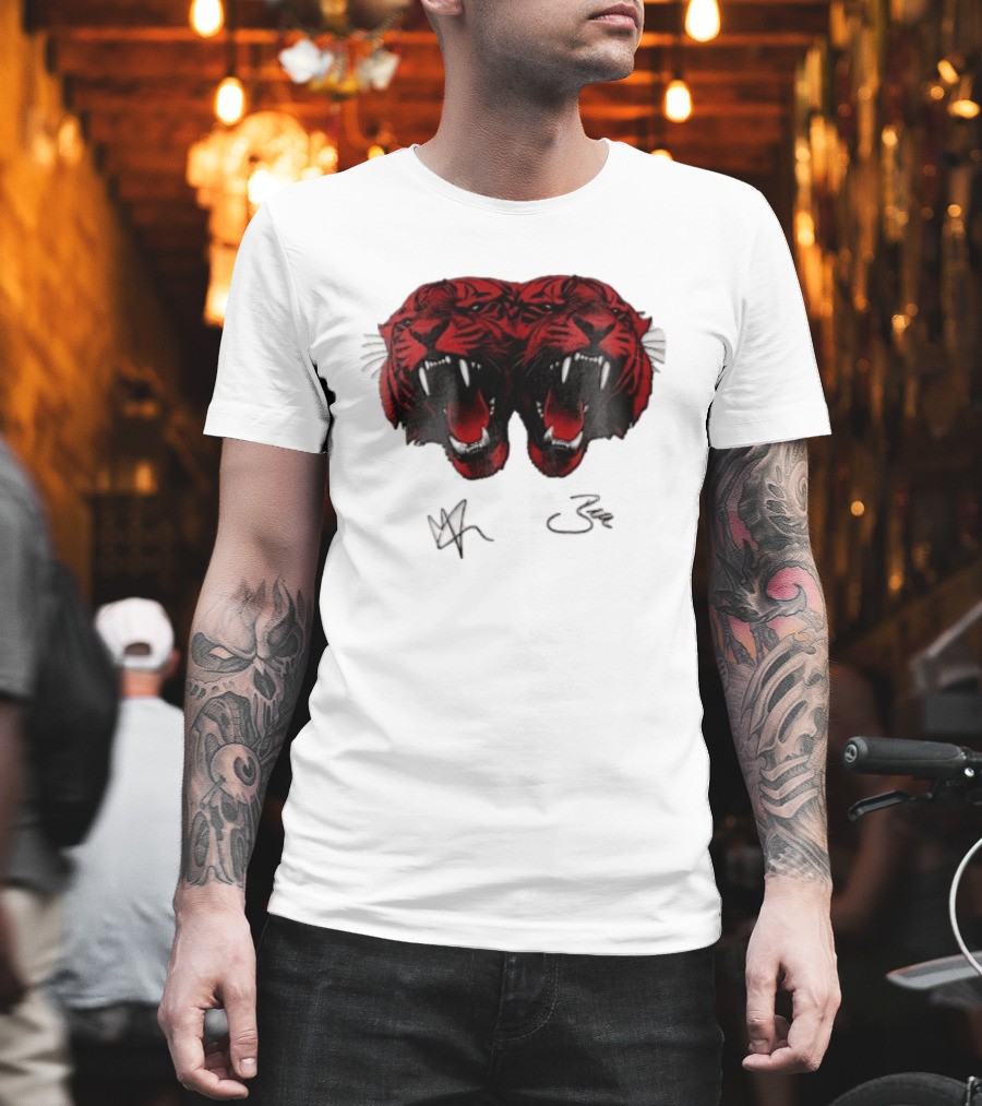 Tigers Heads Roaring Red Dual Fierce Animal T-Shirt