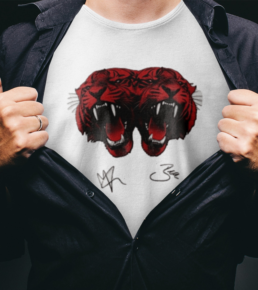 Tigers Heads Roaring Red Dual Fierce Animal T-Shirt