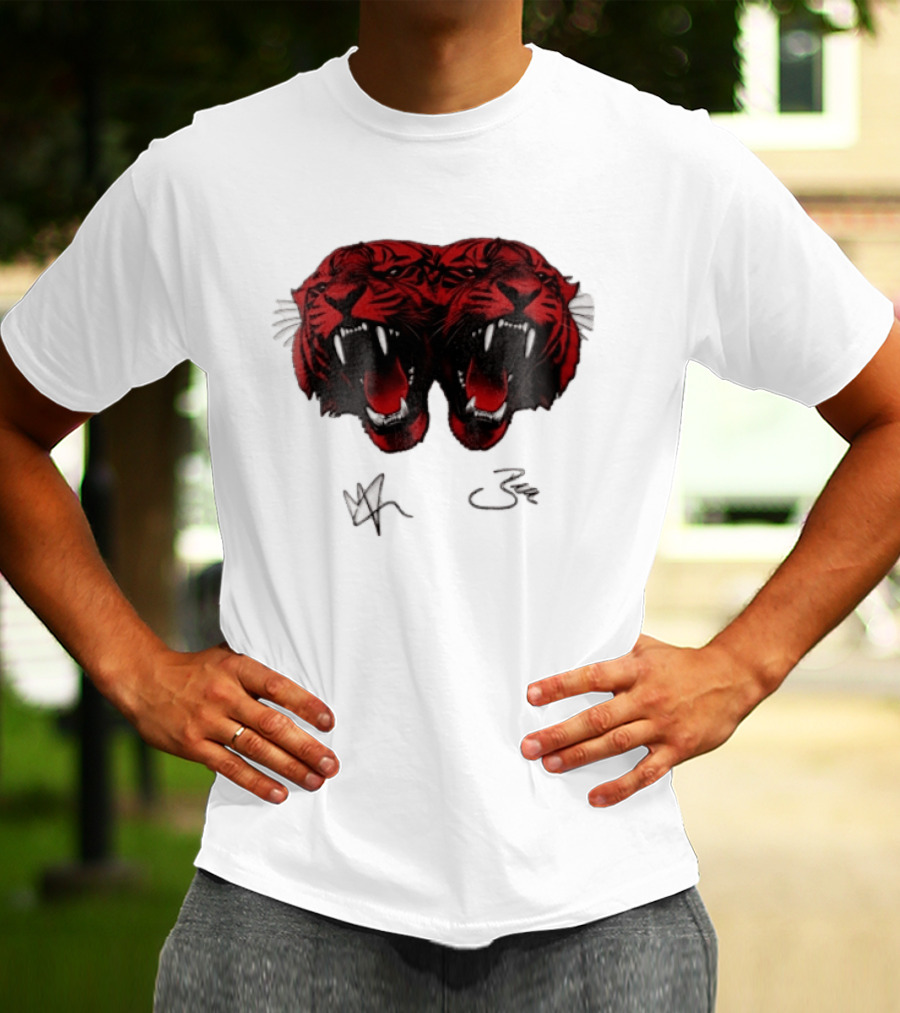Tigers Heads Roaring Red Dual Fierce Animal T-Shirt