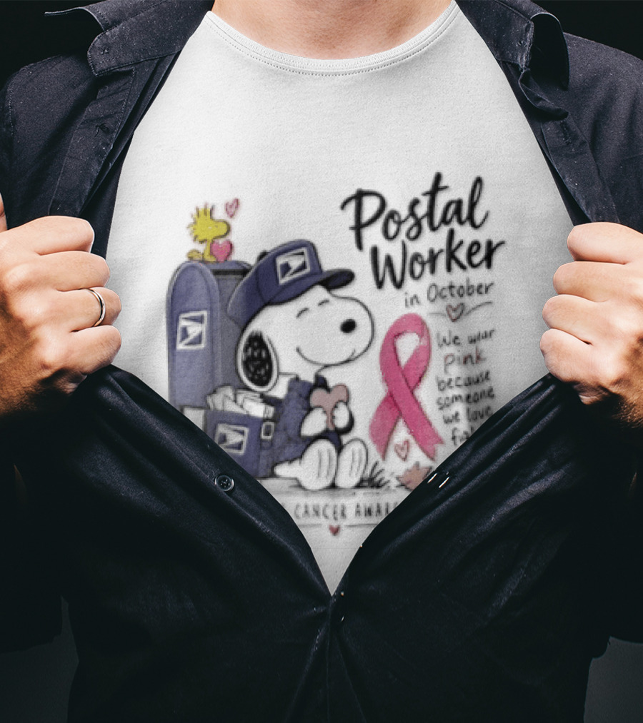 Postal Worker Snoopy And Woodstock With Pink Ribbon Supporting Fighters T-Shirt