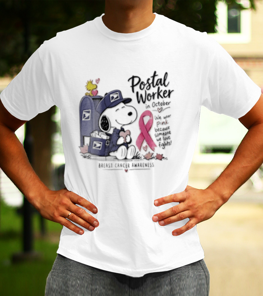Postal Worker Snoopy And Woodstock With Pink Ribbon Supporting Fighters T-Shirt