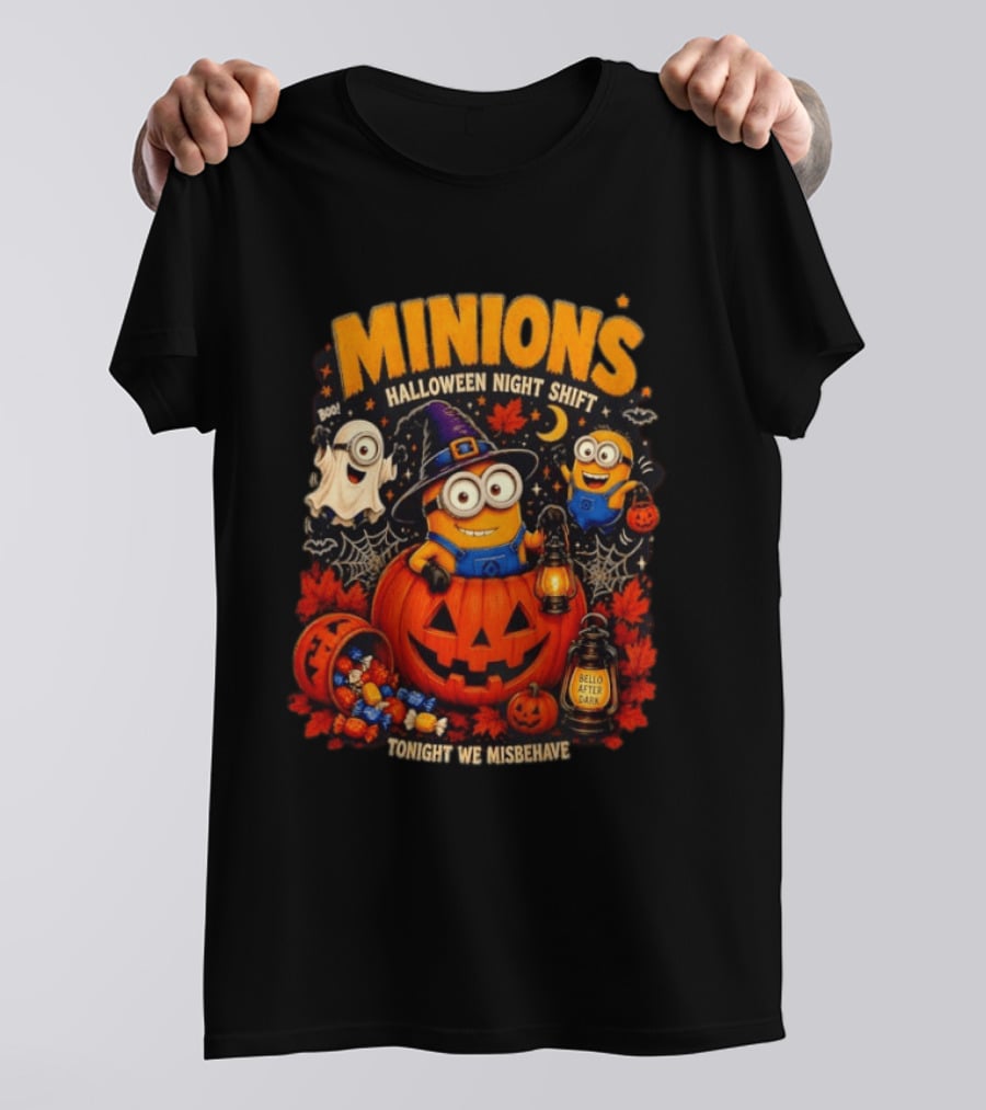 Minions Halloween Night Shift Bello After Dark Tonight We Misbehave Ghosts Pumpkins T-Shirt