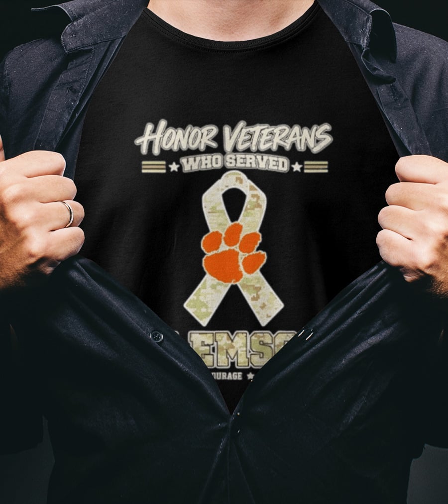 Honor Veterans Who Served Clemson Tigers Honor Courage Sacrifice Camouflage Ribbon T-Shirt