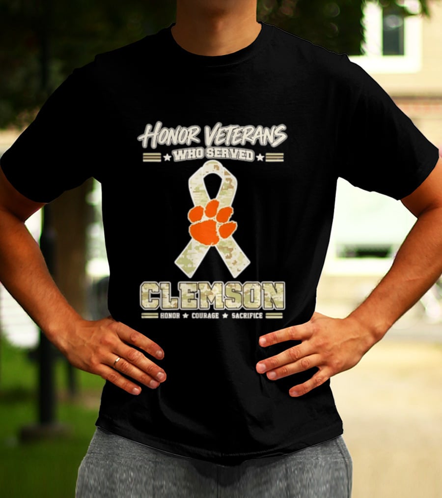 Honor Veterans Who Served Clemson Tigers Honor Courage Sacrifice Camouflage Ribbon T-Shirt