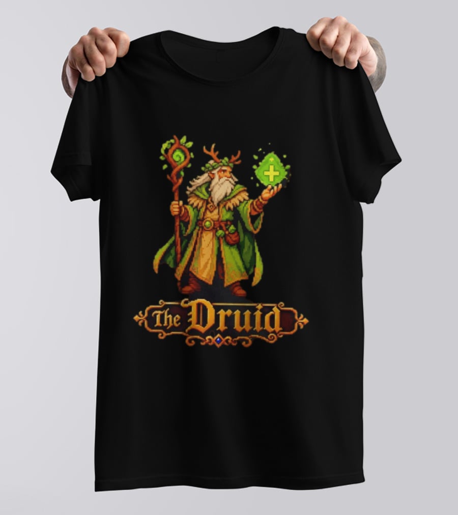 The Druid 16 Bit Game Cartoon Pixel Art Mage With Staff And Potion T-Shirt