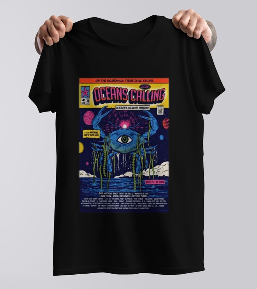 Oceans Calling Festival 2026 Ocean City Maryland Lineup Dave Matthews Band The Lumineers Alanis Morissette 9 25 27 Crab Eye Comic T-Shirt