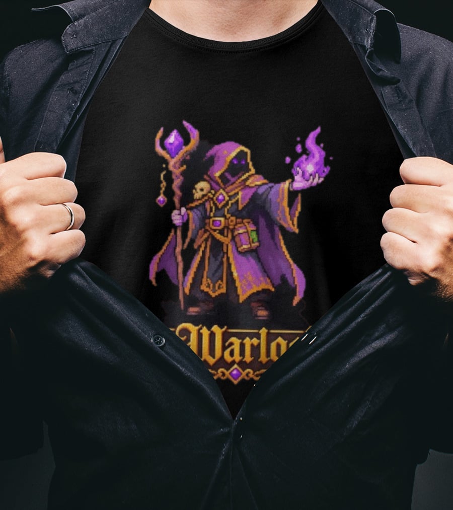 The Warlock 16 Bit Game Cartoon Purple Magic Robe Wizard T-Shirt