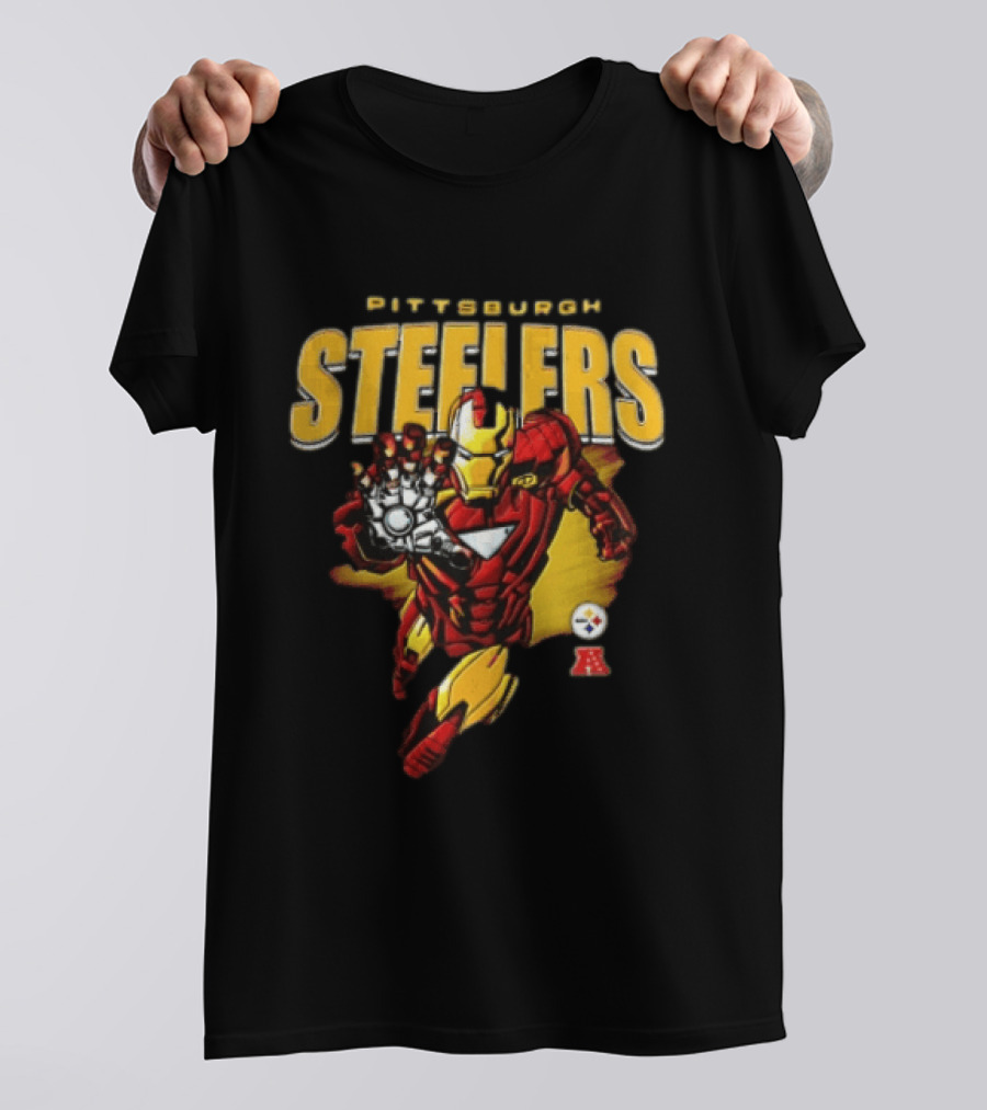Pittsburgh Steelers Iron Man Flying Forward Graphic Suit Officially Licensed NFL Marvel Collaboration T-Shirt