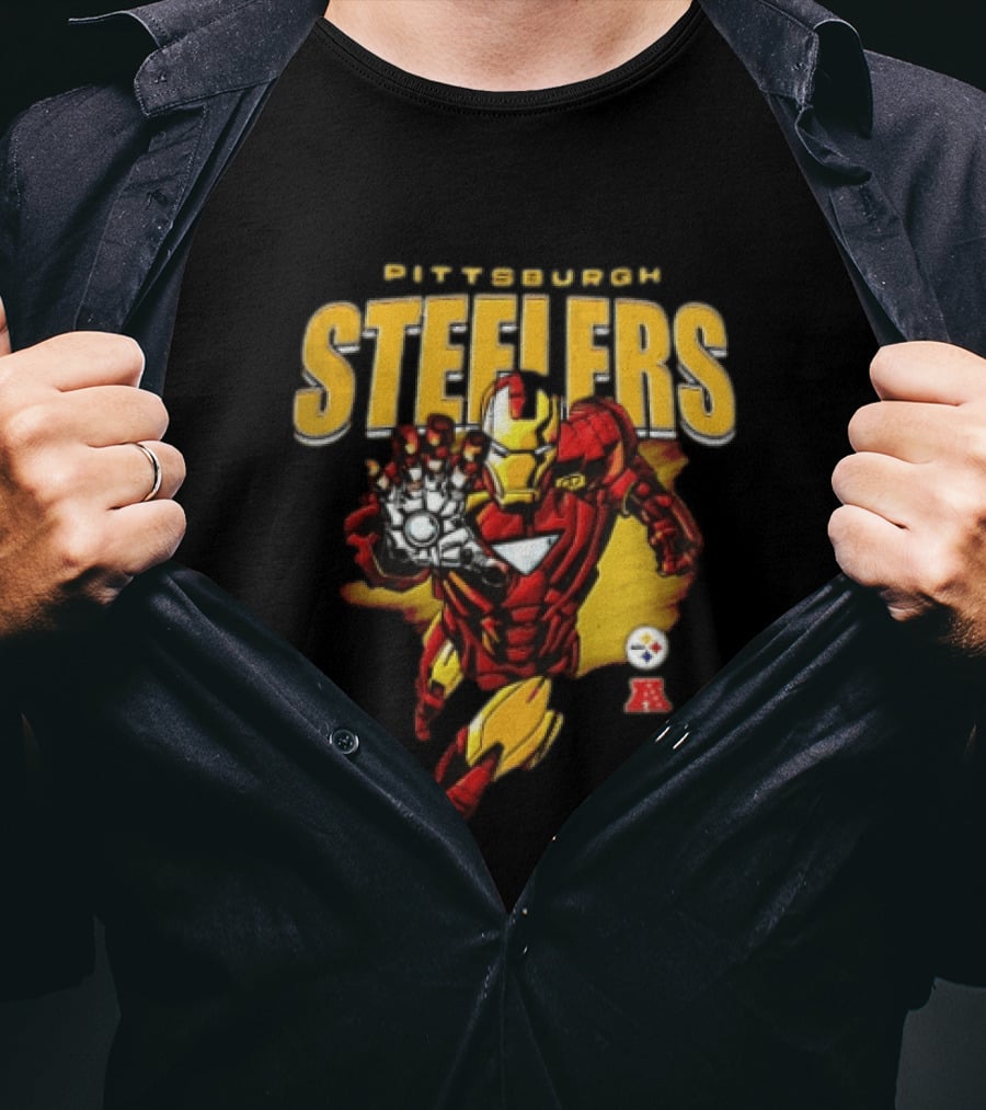 Pittsburgh Steelers Iron Man Flying Forward Graphic Suit Officially Licensed NFL Marvel Collaboration T-Shirt