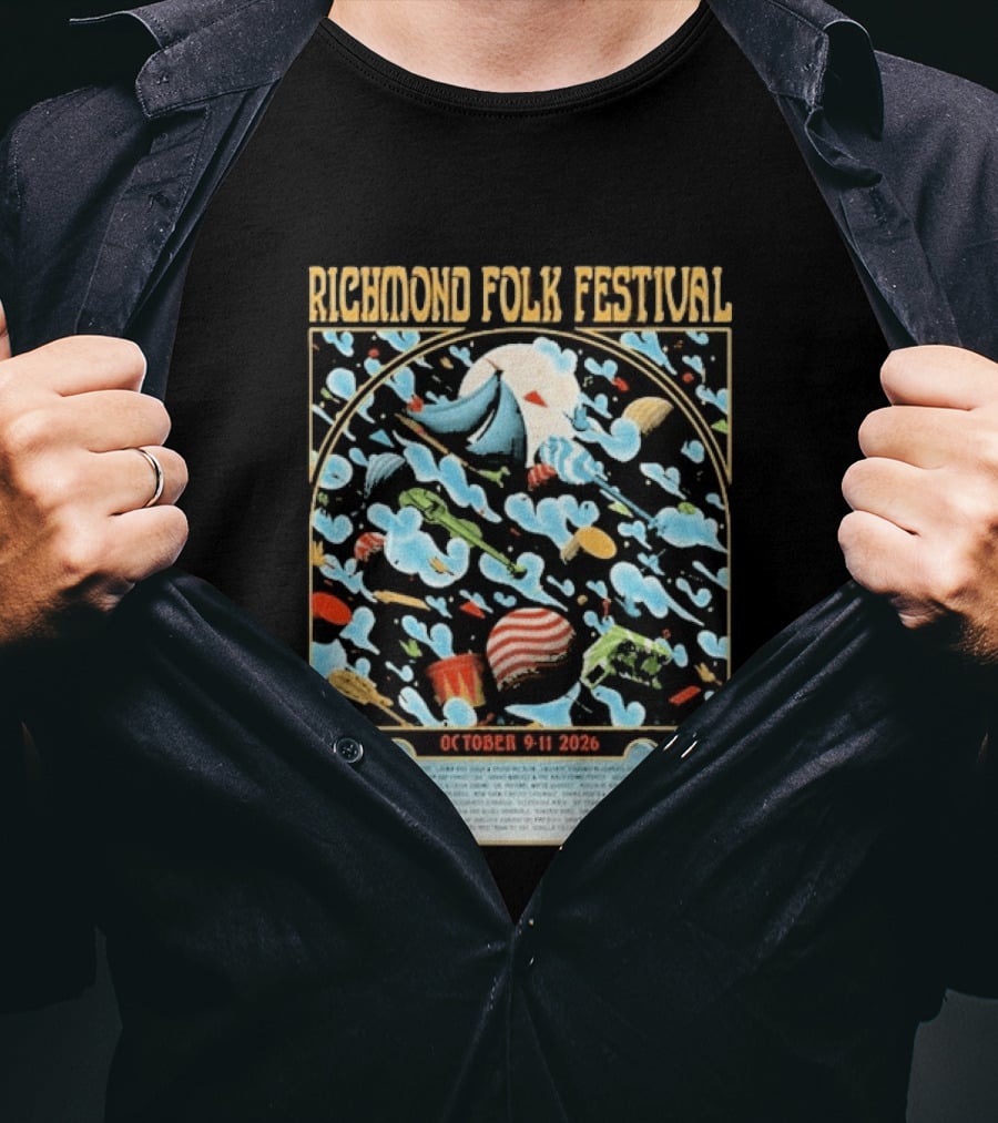 Richmond Folk Festival October 9 11 2026 By Christian Taylor Line Up Colorful Instruments And Clouds T-Shirt