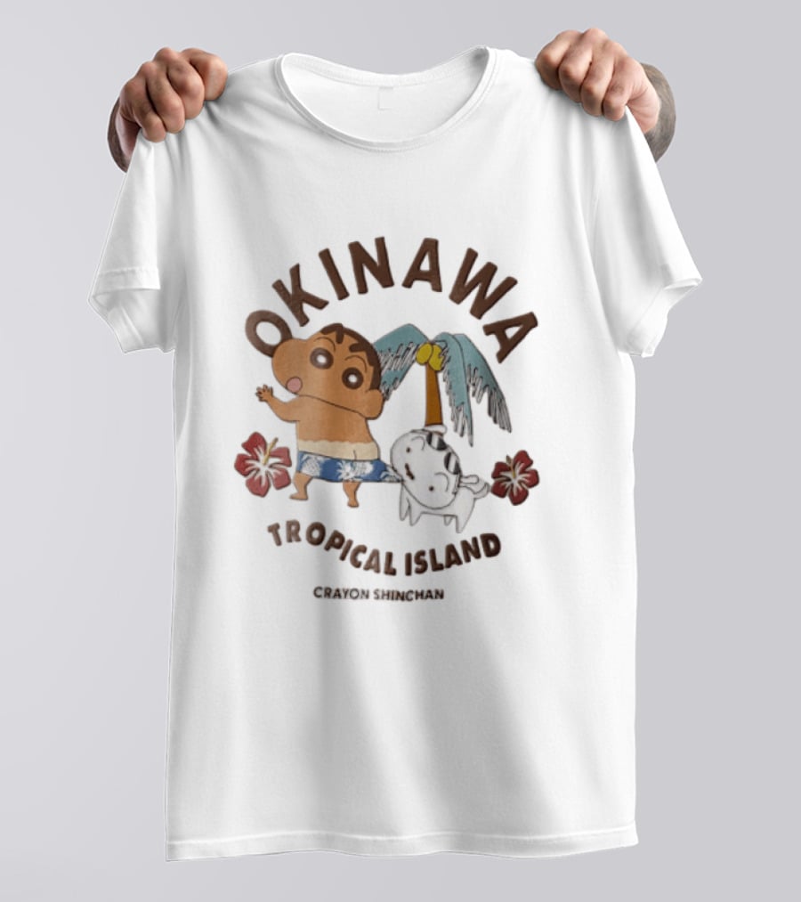 Okinawa Tropical Island Crayon Shin Chan Shinnosuke Nohara Shiro Palm Tree Hibiscus T-Shirt