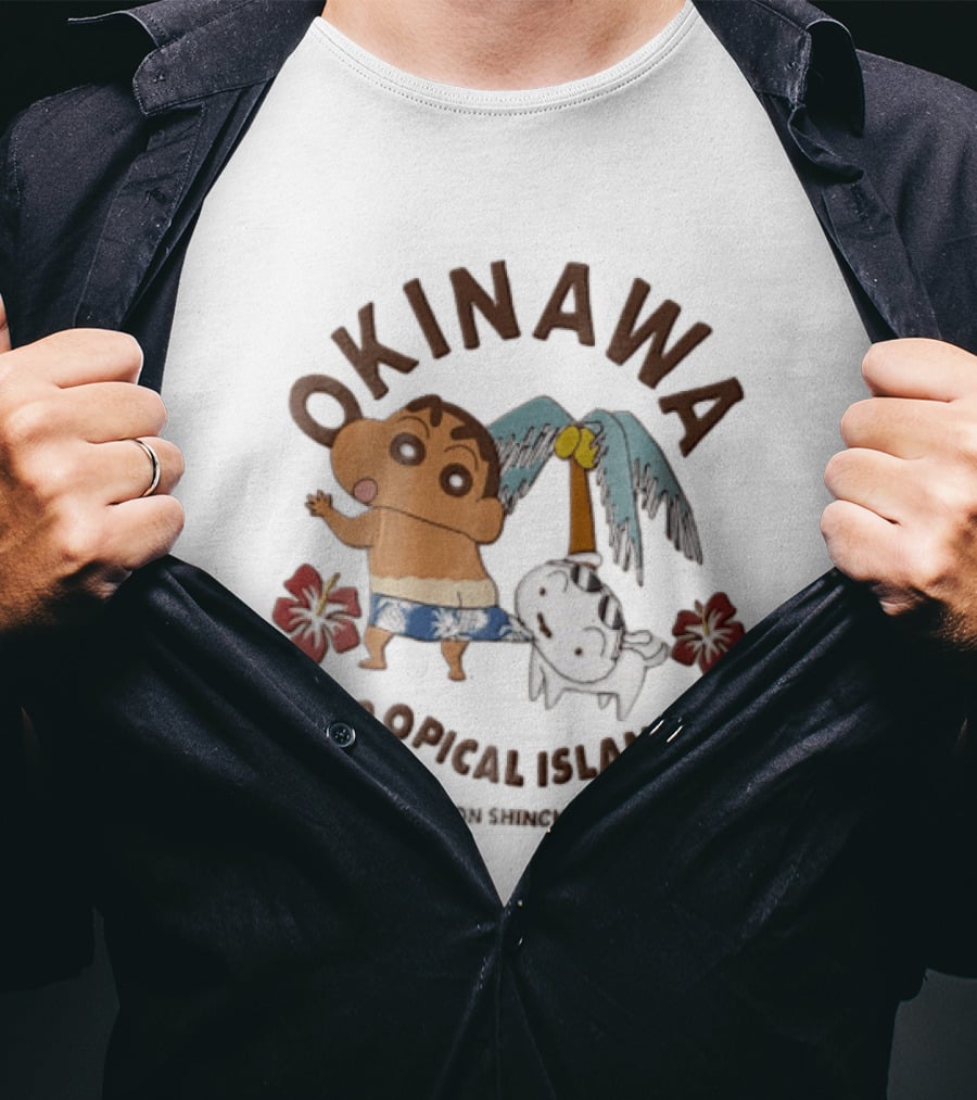 Okinawa Tropical Island Crayon Shin Chan Shinnosuke Nohara Shiro Palm Tree Hibiscus T-Shirt
