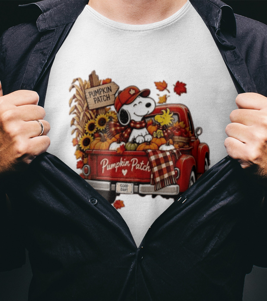 Peanuts Snoopy Woodstock Red Truck Pumpkin Patch Harvest Good Days T-Shirt
