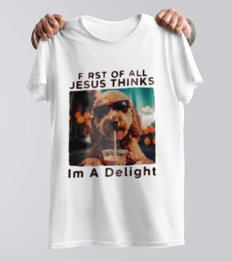 First Of All Jesus Thinks I'm A Delight Brown Poodle Sunglasses Drinking T-Shirt