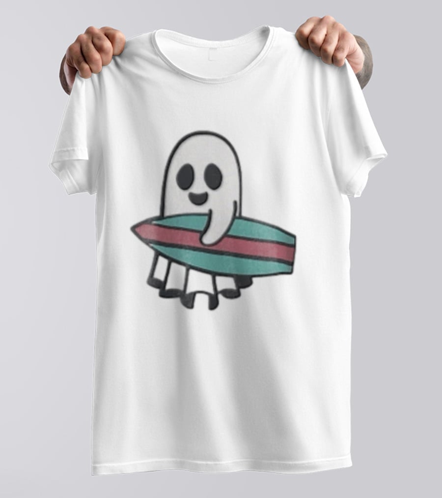 Ghost Holding Surfboard Cartoon Fun Cute Spooky Beach Vibes T-Shirt