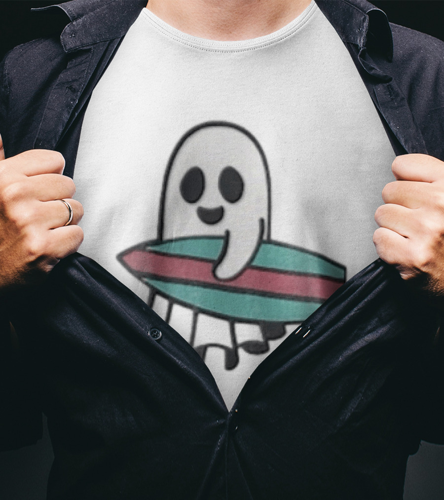 Ghost Holding Surfboard Cartoon Fun Cute Spooky Beach Vibes T-Shirt