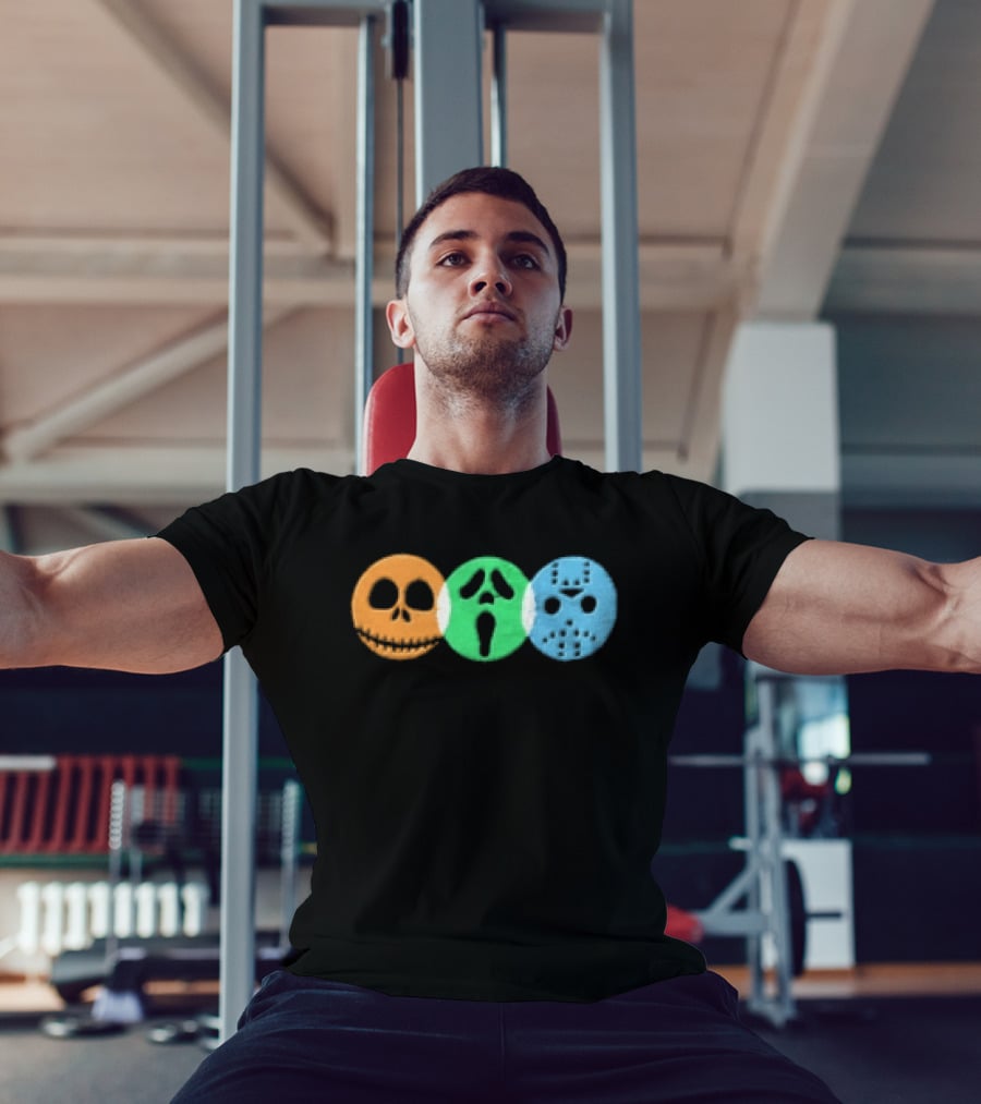 Halloween Horror Characters Colorful Circles Skulls And Masks T-Shirt