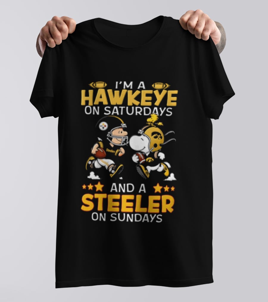 I'm A Hawkeye On Saturdays And A Steeler On Sundays Charlie Brown Snoopy Woodstock Football T-Shirt