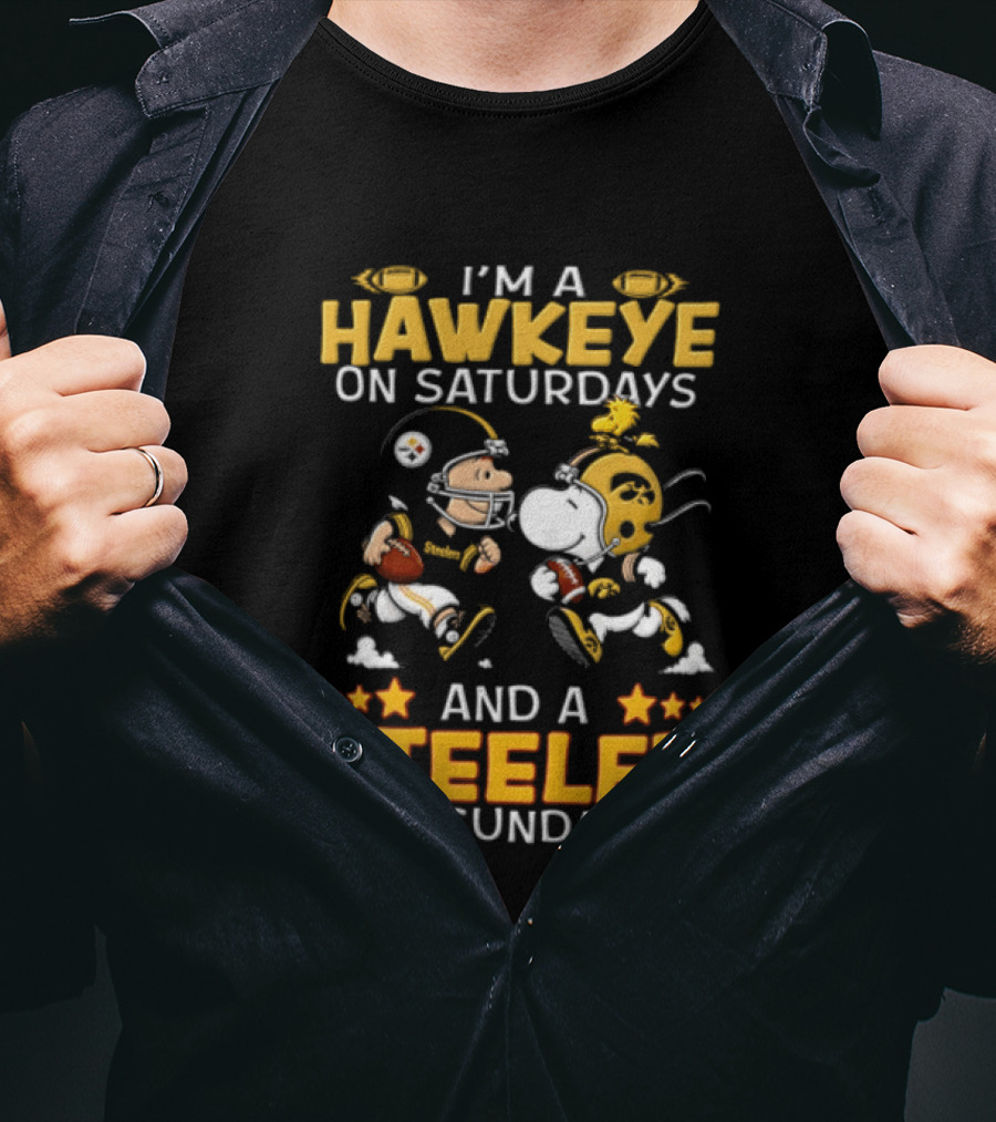I'm A Hawkeye On Saturdays And A Steeler On Sundays Charlie Brown Snoopy Woodstock Football T-Shirt