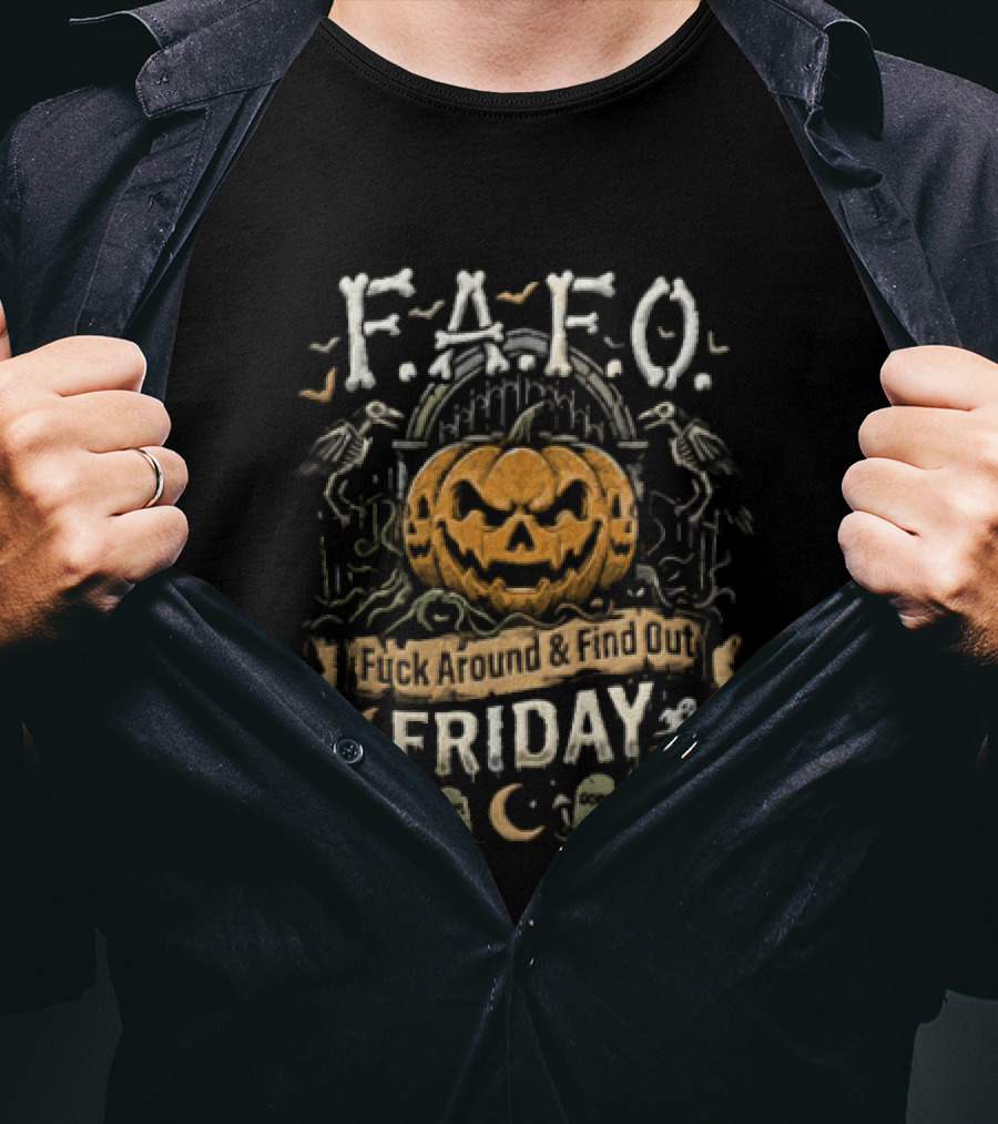 F.A.F.O. Pumpkin Skeleton Raven Halloween Graveyard Friday T-Shirt