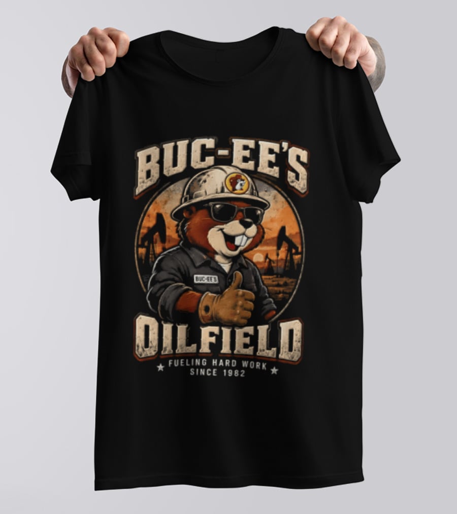 Buc Ee's Oilfield Beaver Hard Hat Sunglasses Thumbs Up Fueling Hard Work Since 1982 T-Shirt