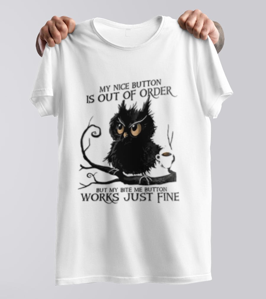 My Nice Button Is Out Of Order But My Bite Me Button Works Just Fine Owl T-Shirt