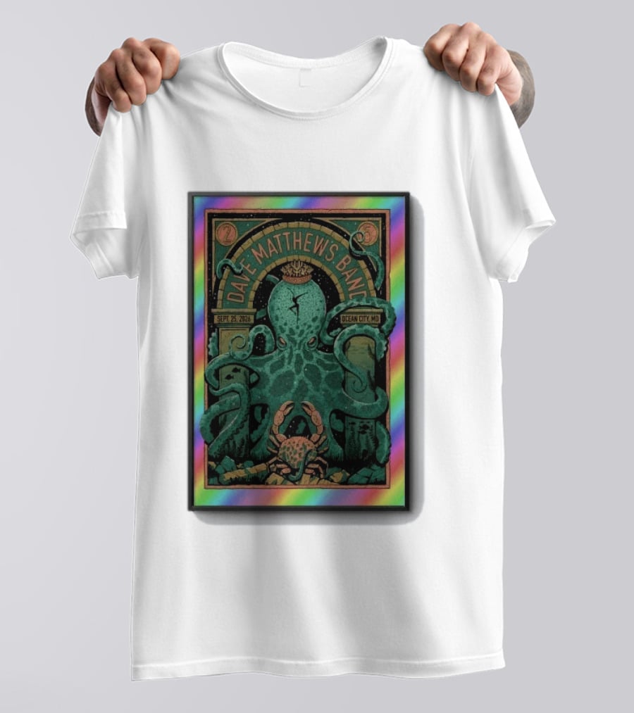 Dave Matthews Band Sept 25 2026 Ocean City MD Octopus And Crab Rainbow Border T-Shirt