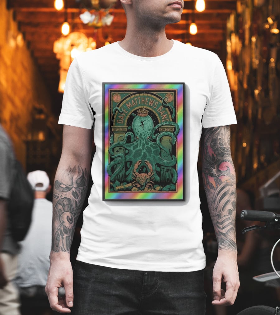 Dave Matthews Band Sept 25 2026 Ocean City MD Octopus And Crab Rainbow Border T-Shirt