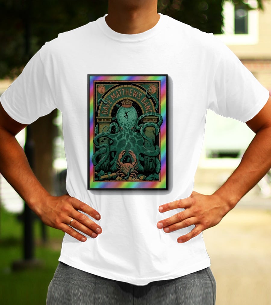 Dave Matthews Band Sept 25 2026 Ocean City MD Octopus And Crab Rainbow Border T-Shirt