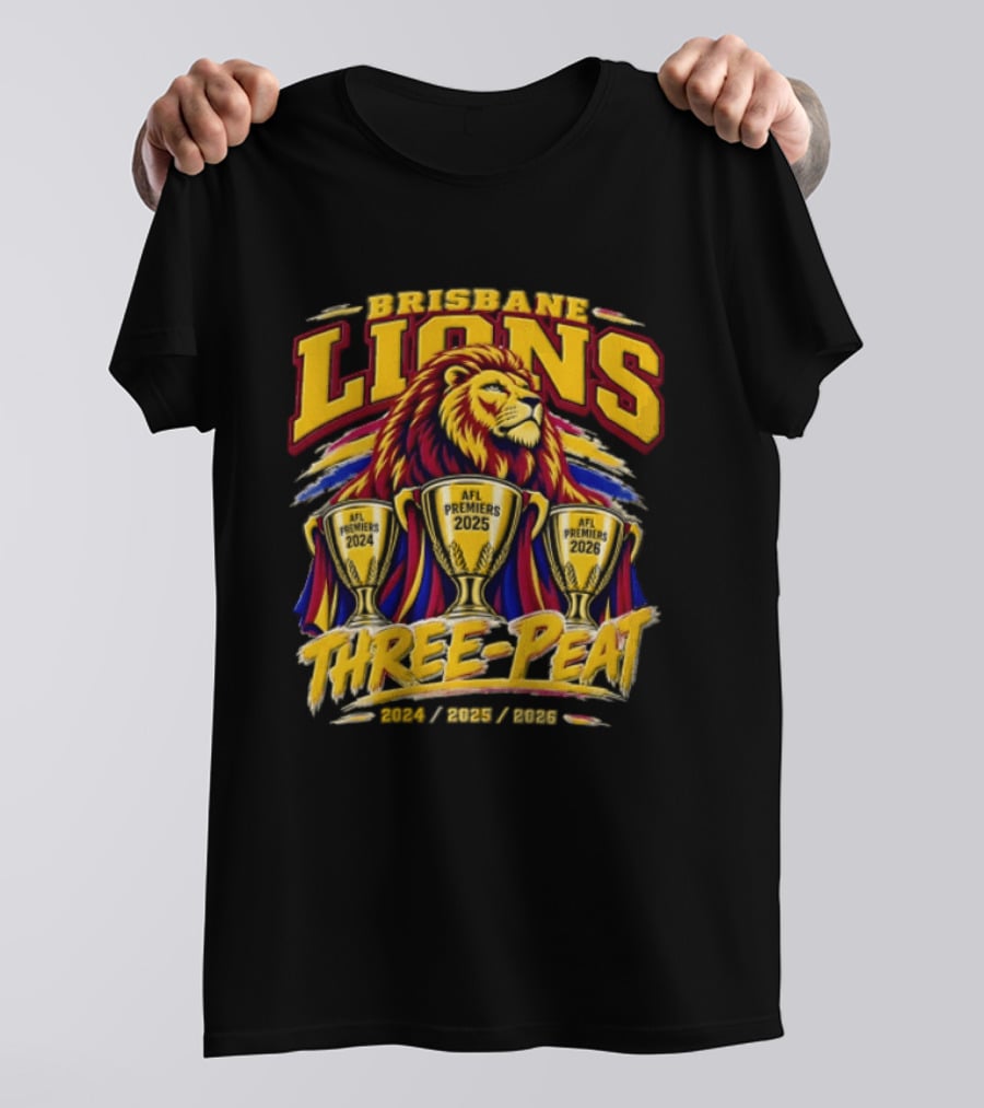 Brisbane Lions Three Peat 2024 2025 2026 Premiership Lion Trophy Celebration T-Shirt