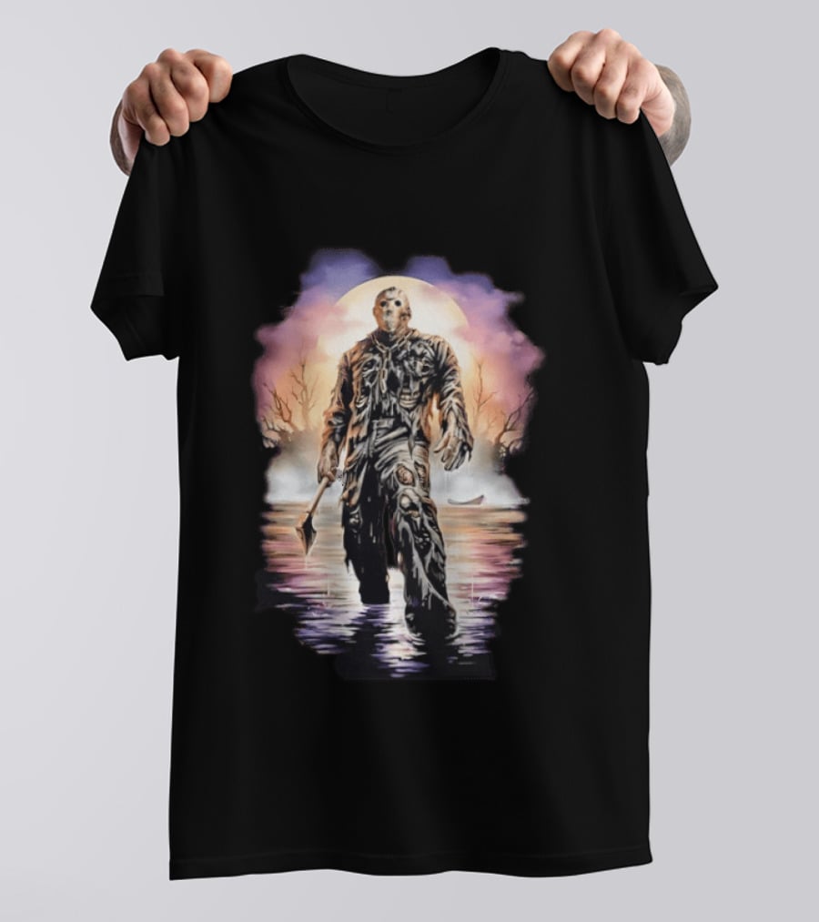 Friday The 13th Jason Voorhees Horror Halloween Mask Machete Lake Scene T-Shirt