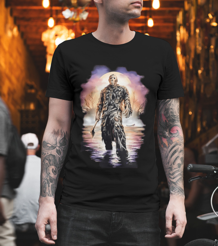 Friday The 13th Jason Voorhees Horror Halloween Mask Machete Lake Scene T-Shirt