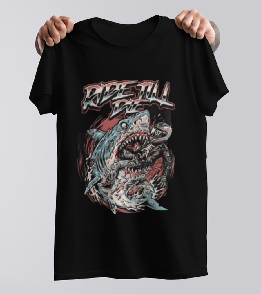 Ride Till Die Skeleton Biker Eaten By Shark T-Shirt