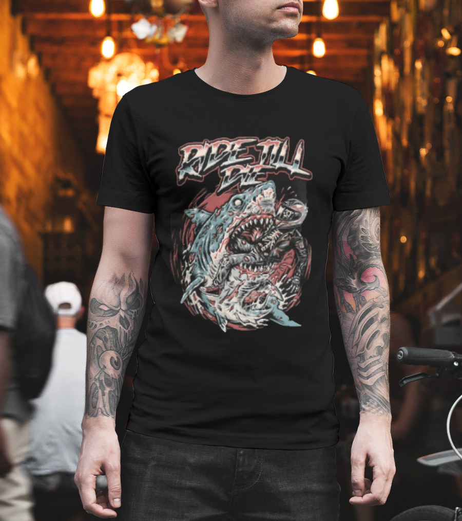 Ride Till Die Skeleton Biker Eaten By Shark T-Shirt
